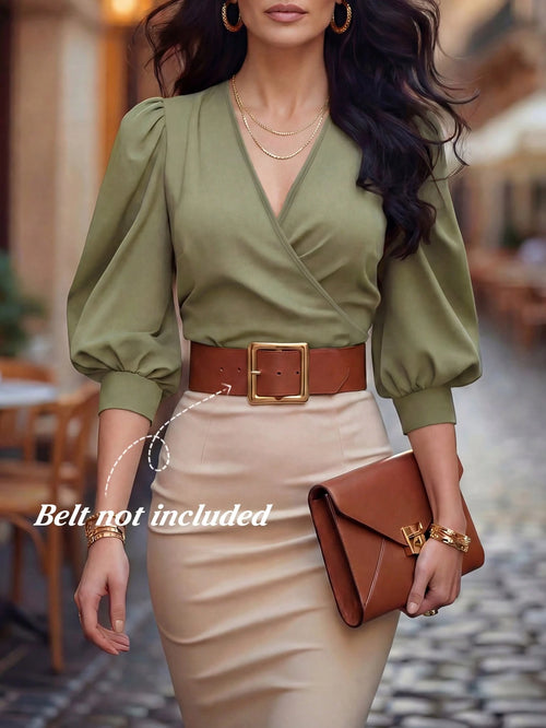 EMERY ROSE Chic Green Plain Short Top For Women Featuring V Neck Wrap Style And Elegant Bishop Half Sleeves