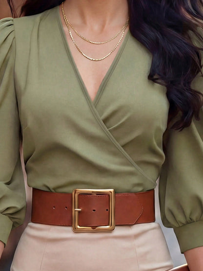 EMERY ROSE Chic Green Plain Short Top For Women Featuring V Neck Wrap Style And Elegant Bishop Half Sleeves