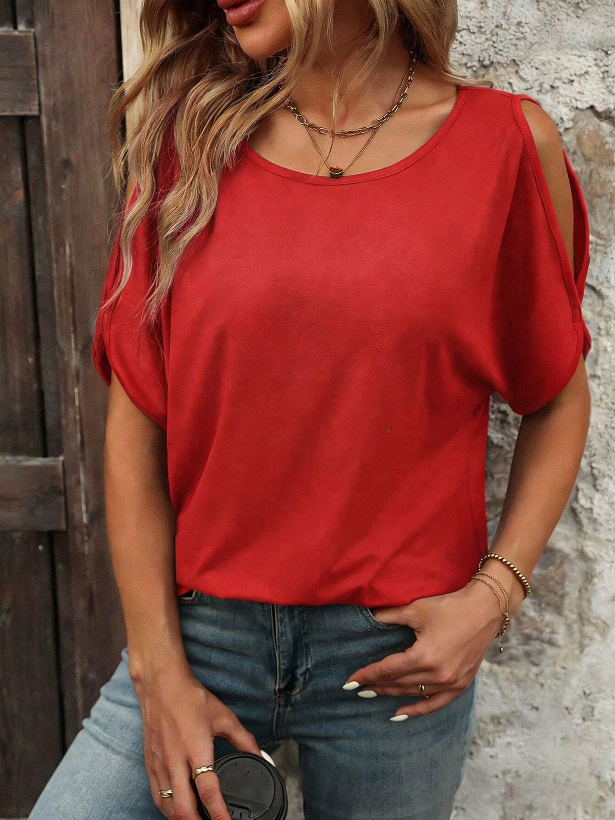 EMERY ROSE Graphic Tee, Shoulder T-Shirt, Women's Summer Tops, Plus Size, Retro Style, All-Season Comfort For Women'S Casual Wear & Social Events