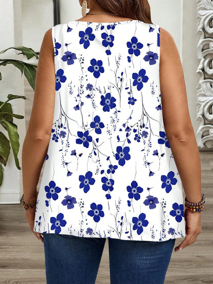 EMERY ROSE Plus Size Blue & White Floral Print Sleeveless Pleated Loose Tank Tops, Suitable For Spring & Summer Suitable For Going Out,Flower/Vacation