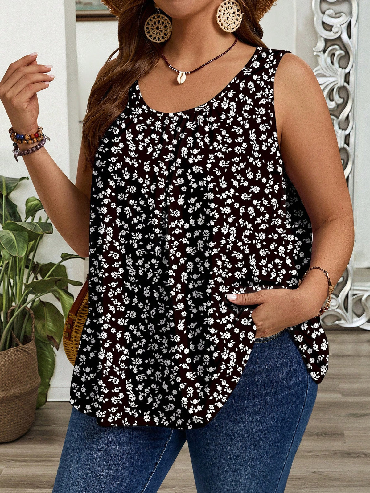 EMERY ROSE Plus Size Blue & White Floral Print Sleeveless Pleated Loose Tank Tops, Suitable For Spring & Summer Suitable For Going Out,Flower/Vacation