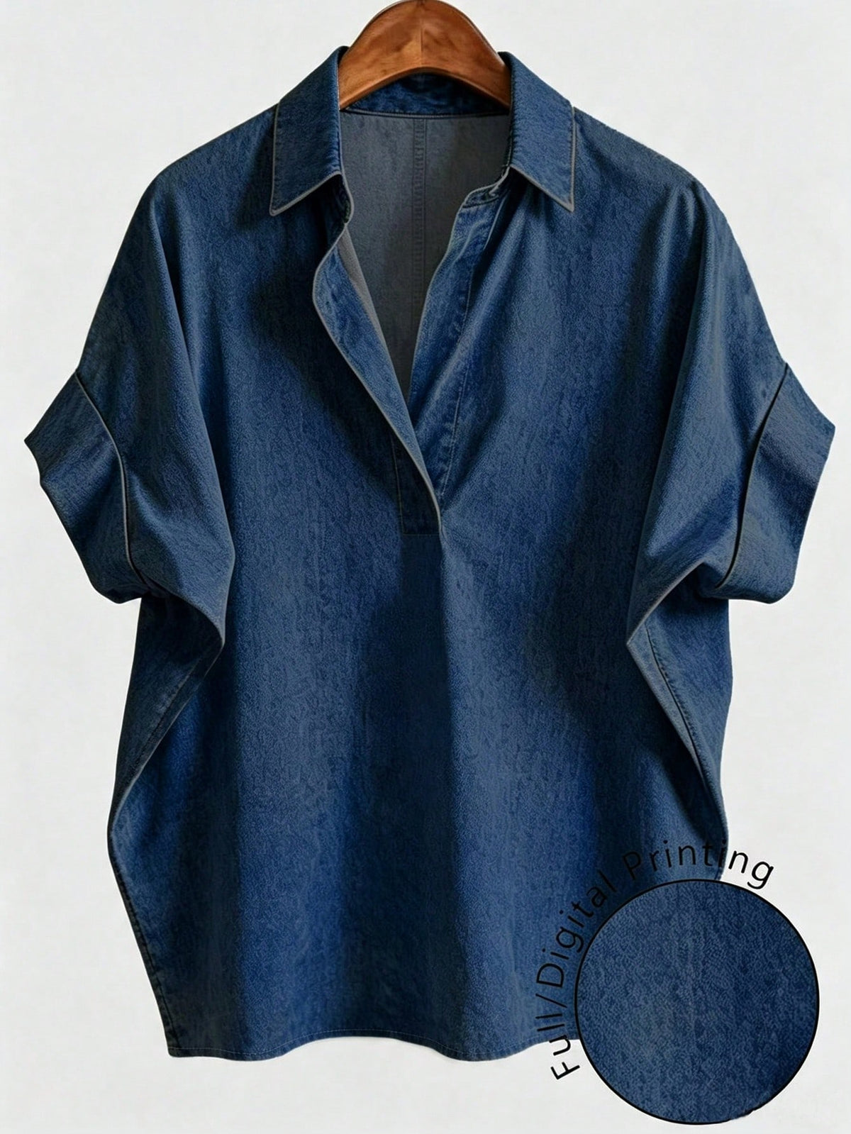 EMERY ROSE Plus Size Deep Blue Fold-Over Shirt For Vacation