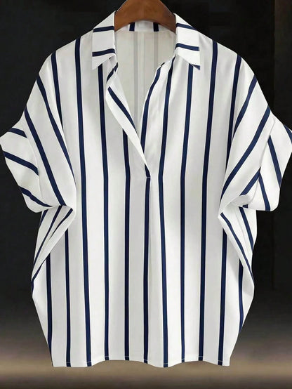 EMERY ROSE Plus Size Deep Blue Fold-Over Shirt For Vacation