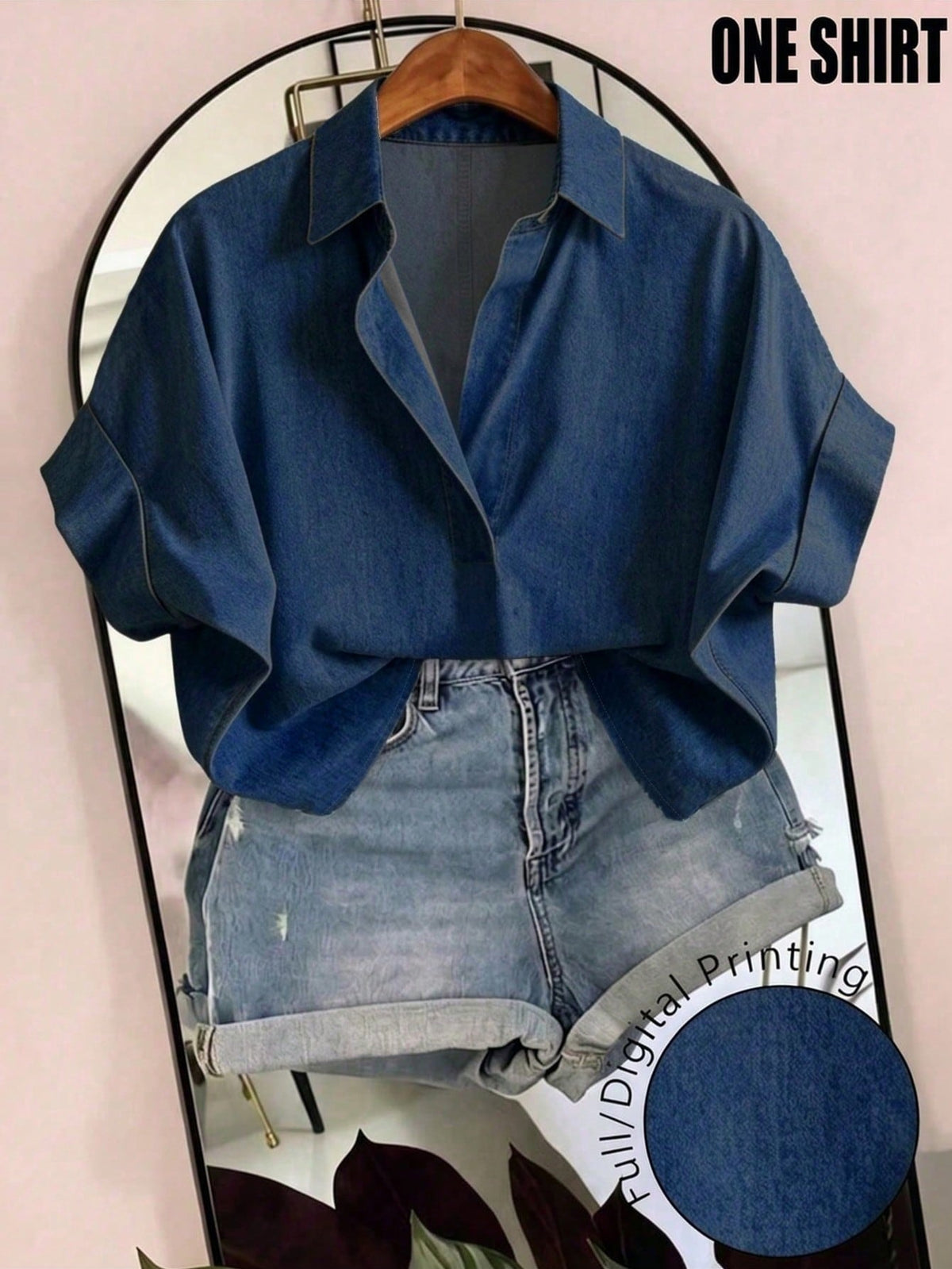 EMERY ROSE Plus Size Deep Blue Fold-Over Shirt For Vacation