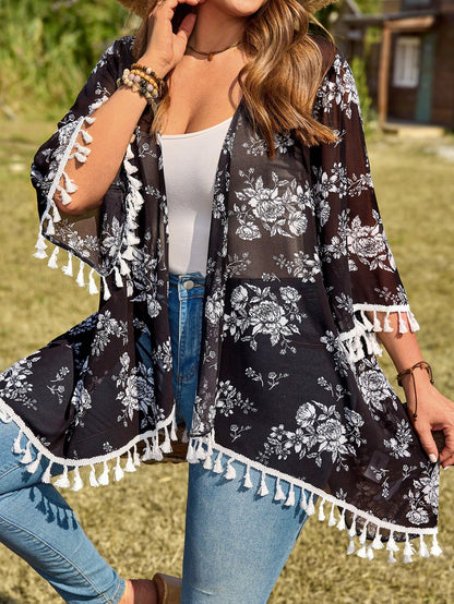 EMERY ROSE Plus Size Floral Print Sheer Kimono Cardigan,Black And White,Elegant Boho Tassel Trim Open Front Lightweight Holiday Summer Beach Cover Up,Hiking Fall