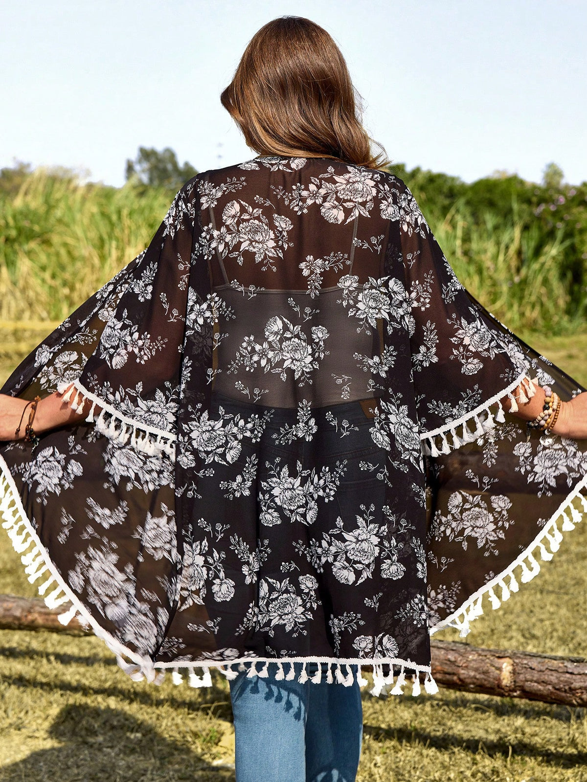 EMERY ROSE Plus Size Floral Print Sheer Kimono Cardigan,Black And White,Elegant Boho Tassel Trim Open Front Lightweight Holiday Summer Beach Cover Up,Hiking Fall
