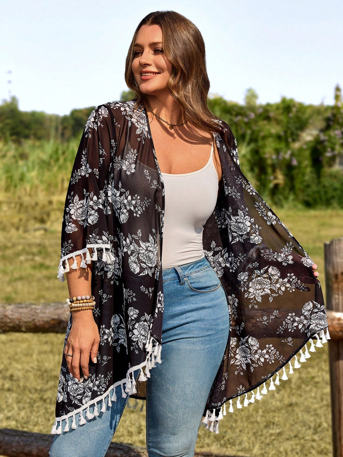 EMERY ROSE Plus Size Floral Print Sheer Kimono Cardigan,Black And White,Elegant Boho Tassel Trim Open Front Lightweight Holiday Summer Beach Cover Up,Hiking Fall