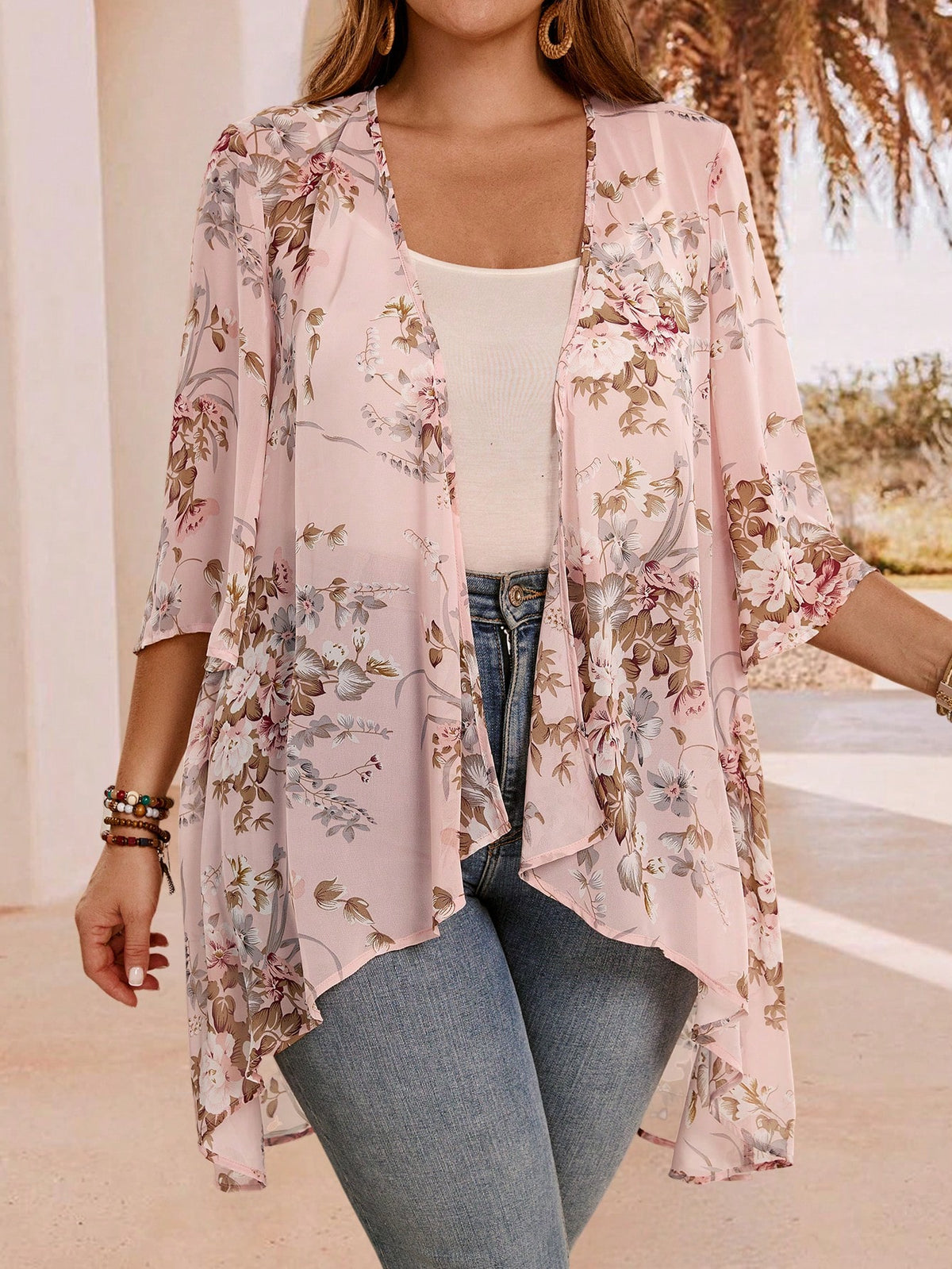 EMERY ROSE Plus Size Floral Print Sheer Kimono Cardigan,Black And White,Elegant Boho Tassel Trim Open Front Lightweight Holiday Summer Beach Cover Up,Hiking Fall