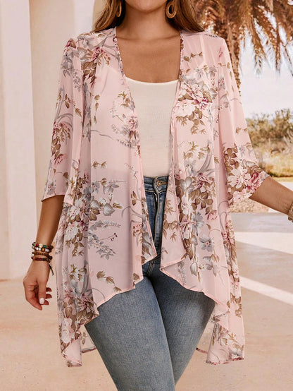 EMERY ROSE Plus Size Floral Print Sheer Kimono Cardigan,Black And White,Elegant Boho Tassel Trim Open Front Lightweight Holiday Summer Beach Cover Up,Hiking Fall