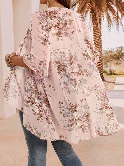 EMERY ROSE Plus Size Floral Print Sheer Kimono Cardigan,Black And White,Elegant Boho Tassel Trim Open Front Lightweight Holiday Summer Beach Cover Up,Hiking Fall