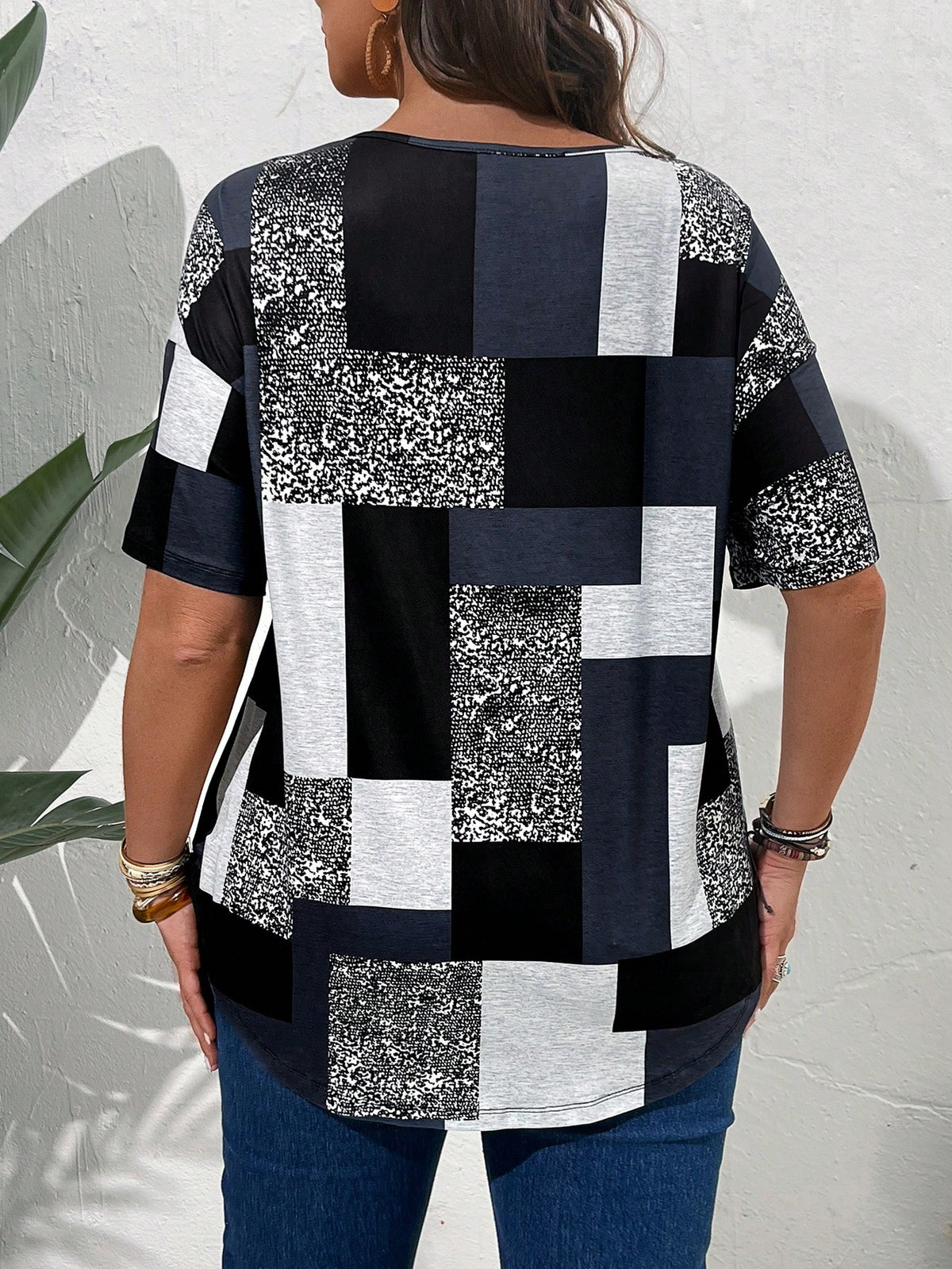 EMERY ROSE Plus Size Patchwork Print Casual Short Sleeve T-Shirt For Summer,Spring/Vacation