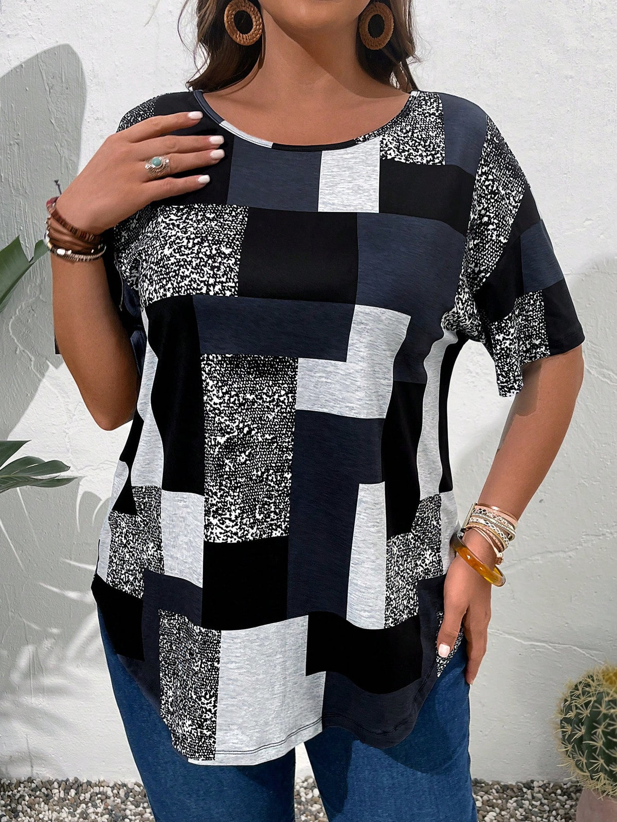 EMERY ROSE Plus Size Patchwork Print Casual Short Sleeve T-Shirt For Summer,Spring/Vacation