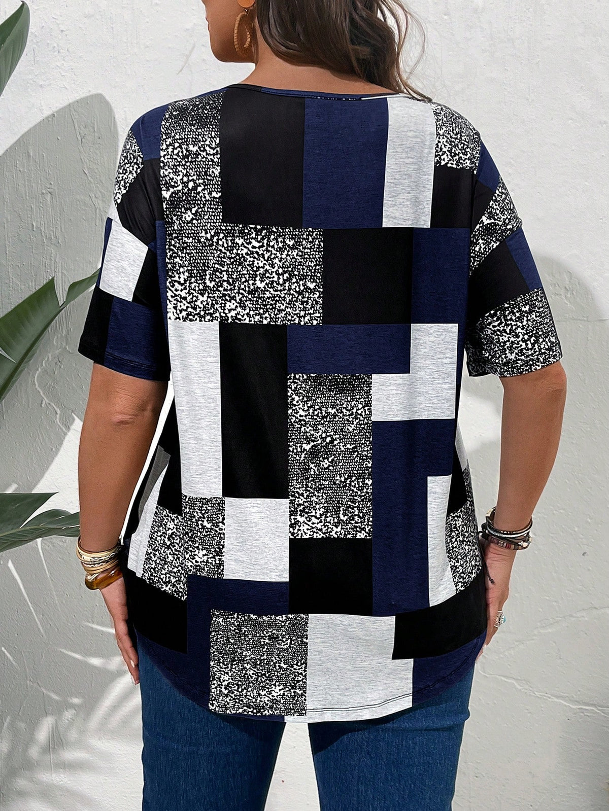 EMERY ROSE Plus Size Patchwork Print Casual Short Sleeve T-Shirt For Summer,Spring/Vacation