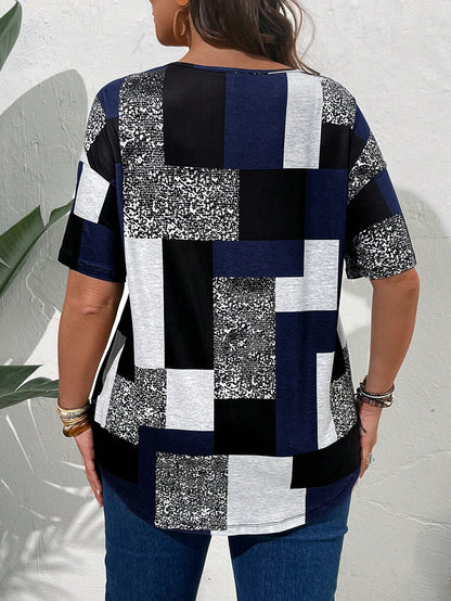 EMERY ROSE Plus Size Patchwork Print Casual Short Sleeve T-Shirt For Summer,Spring/Vacation