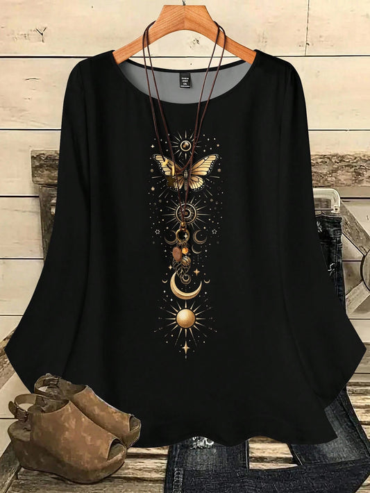 EMERY ROSE Plus Size Women Casual Loose Fit Butterfly & Star Print Round Neck 3/4 Sleeve Shirt, Autumn/Winter Spring,Vacation Fall