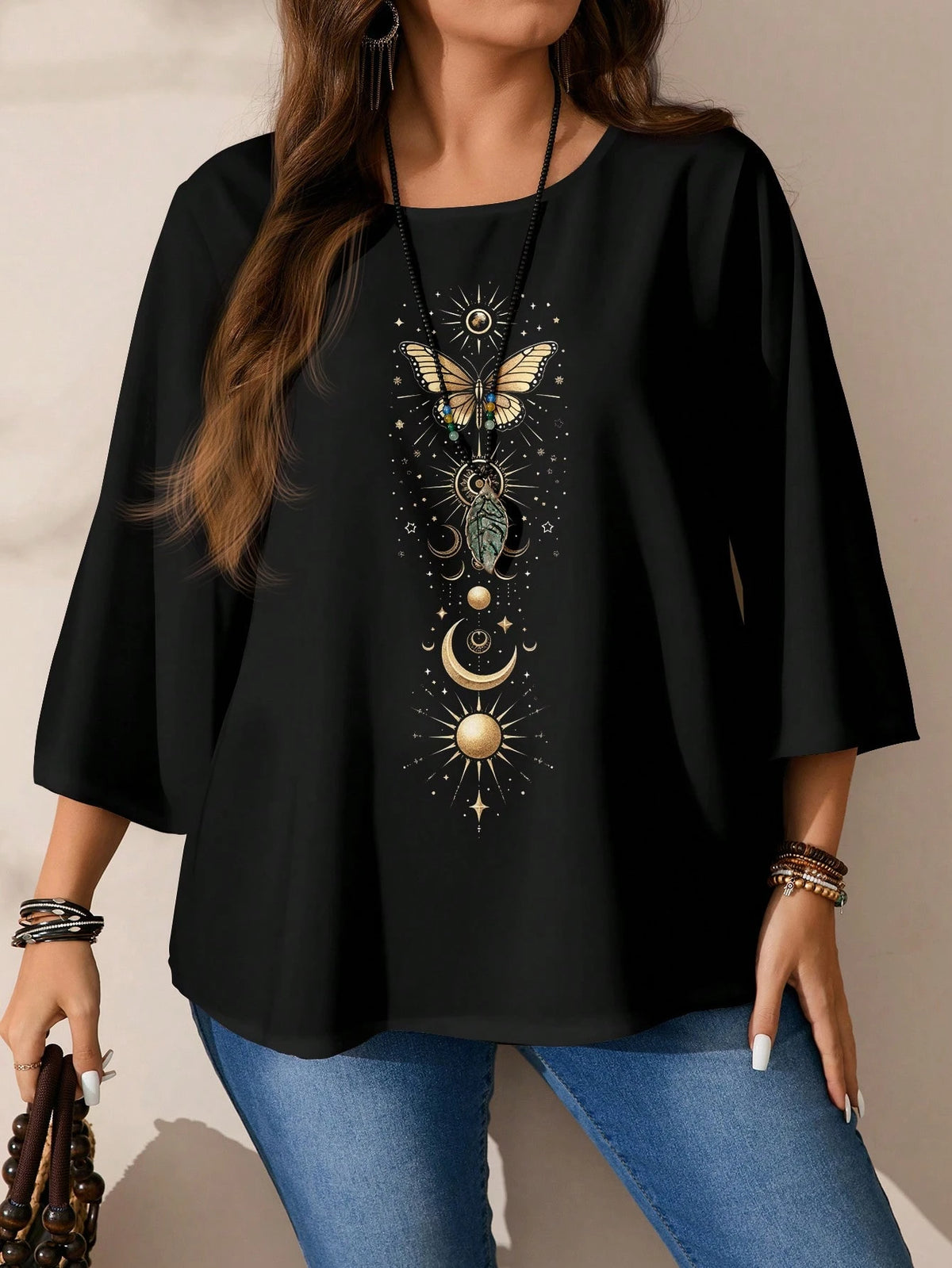 EMERY ROSE Plus Size Women Casual Loose Fit Butterfly & Star Print Round Neck 3/4 Sleeve Shirt, Autumn/Winter Spring,Vacation Fall