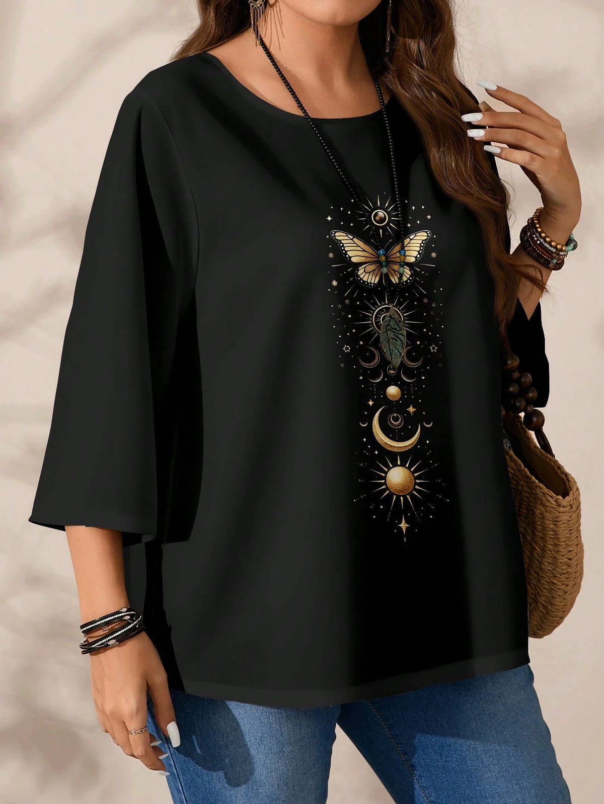 EMERY ROSE Plus Size Women Casual Loose Fit Butterfly & Star Print Round Neck 3/4 Sleeve Shirt, Autumn/Winter Spring,Vacation Fall