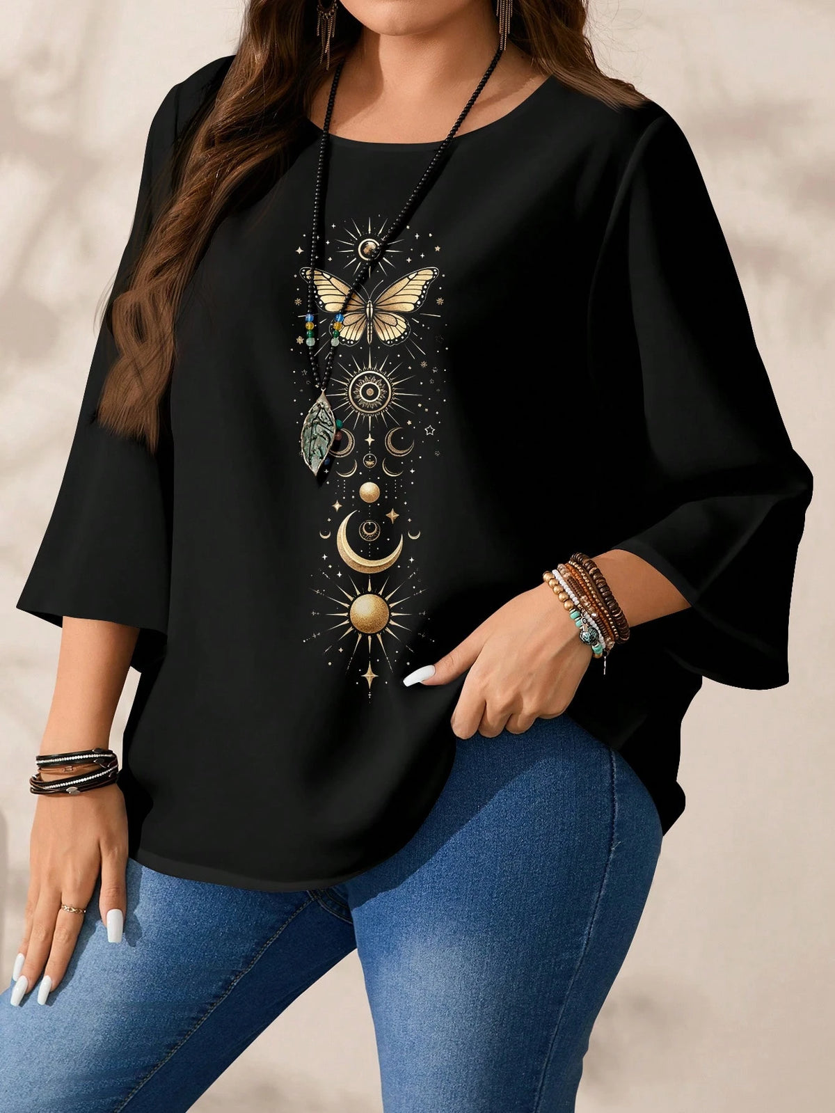 EMERY ROSE Plus Size Women Casual Loose Fit Butterfly & Star Print Round Neck 3/4 Sleeve Shirt, Autumn/Winter Spring,Vacation Fall