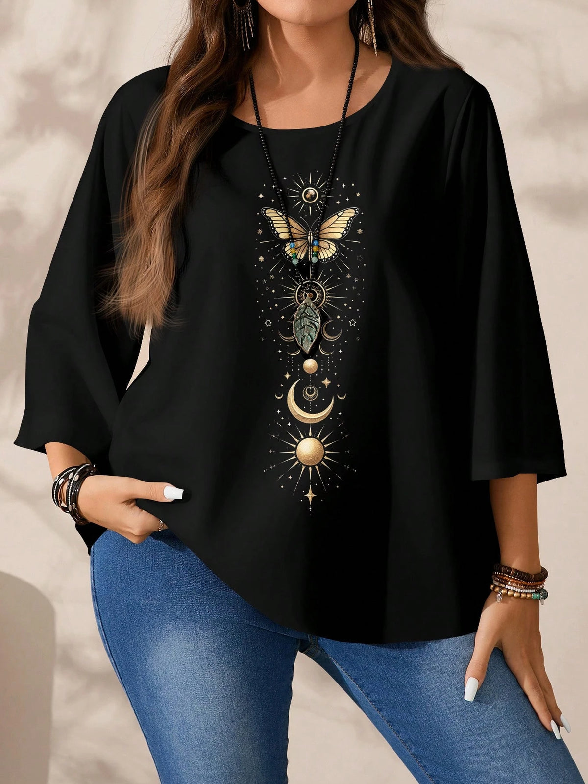EMERY ROSE Plus Size Women Casual Loose Fit Butterfly & Star Print Round Neck 3/4 Sleeve Shirt, Autumn/Winter Spring,Vacation Fall