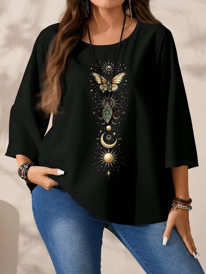 EMERY ROSE Plus Size Women Casual Loose Fit Butterfly & Star Print Round Neck 3/4 Sleeve Shirt, Autumn/Winter Spring,Vacation Fall