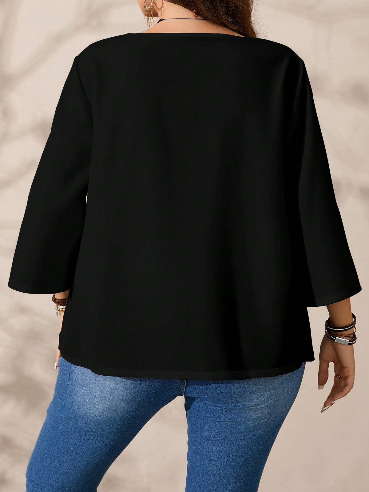 EMERY ROSE Plus Size Women Casual Loose Fit Butterfly & Star Print Round Neck 3/4 Sleeve Shirt, Autumn/Winter Spring,Vacation Fall