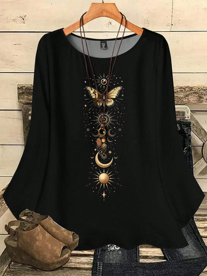 EMERY ROSE Plus Size Women Casual Loose Fit Butterfly & Star Print Round Neck 3/4 Sleeve Shirt, Autumn/Winter Spring,Vacation Fall