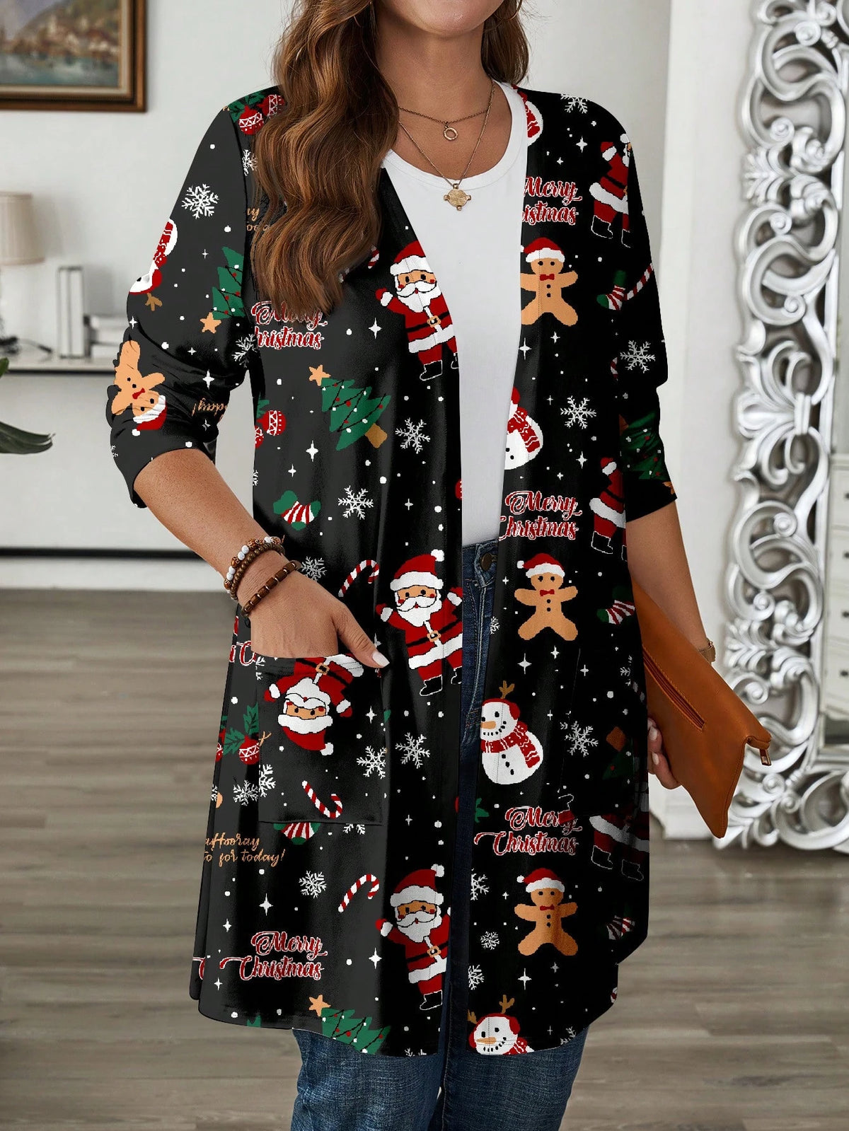 EMERY ROSE Plus Size Women Casual Minimal Christmas Element Printed Loose Long Sleeve Coat, Fall Winter