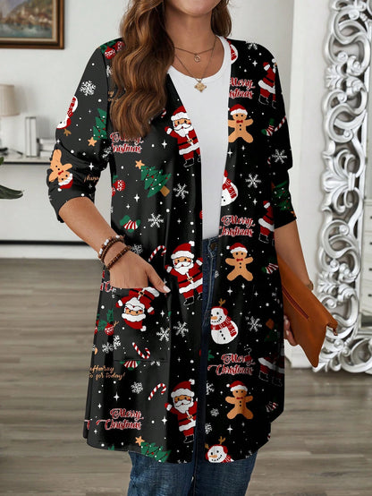 EMERY ROSE Plus Size Women Casual Minimal Christmas Element Printed Loose Long Sleeve Coat, Fall Winter