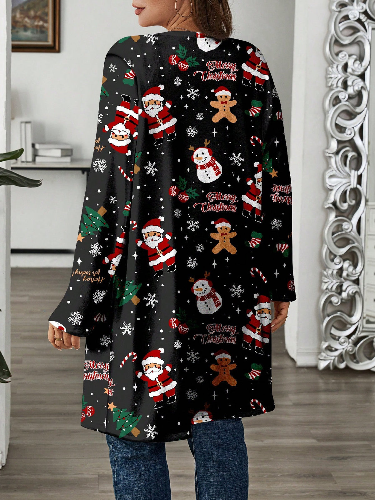 EMERY ROSE Plus Size Women Casual Minimal Christmas Element Printed Loose Long Sleeve Coat, Fall Winter