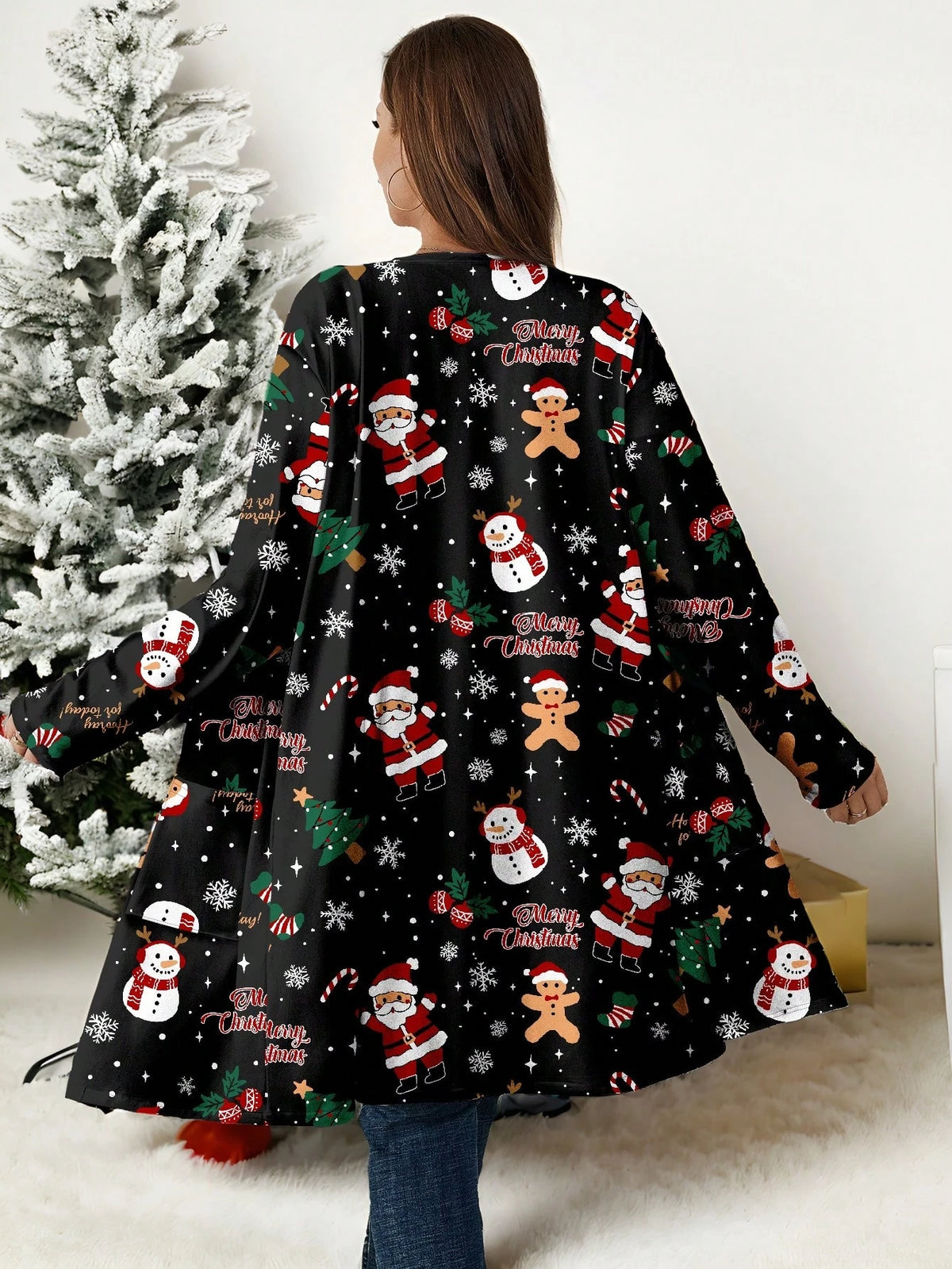 EMERY ROSE Plus Size Women Casual Minimal Christmas Element Printed Loose Long Sleeve Coat, Fall Winter