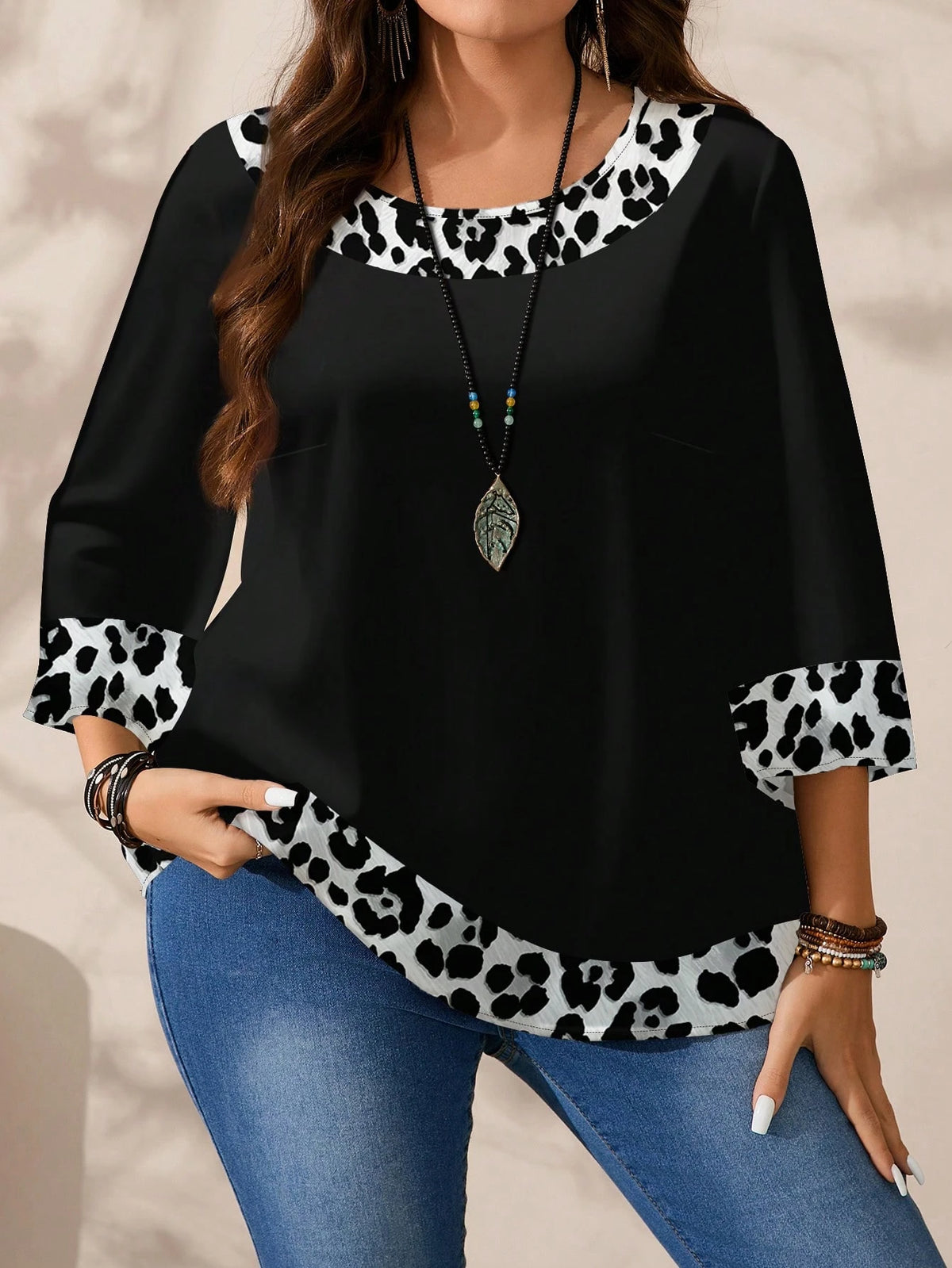 EMERY ROSE Plus Size Women's Casual Allover Print Round Neck Loose 3/4 Sleeve Blouse, Spring/Autumn Chic Blouses For Women Fall
