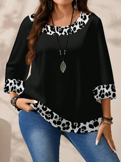 EMERY ROSE Plus Size Women's Casual Allover Print Round Neck Loose 3/4 Sleeve Blouse, Spring/Autumn Chic Blouses For Women Fall