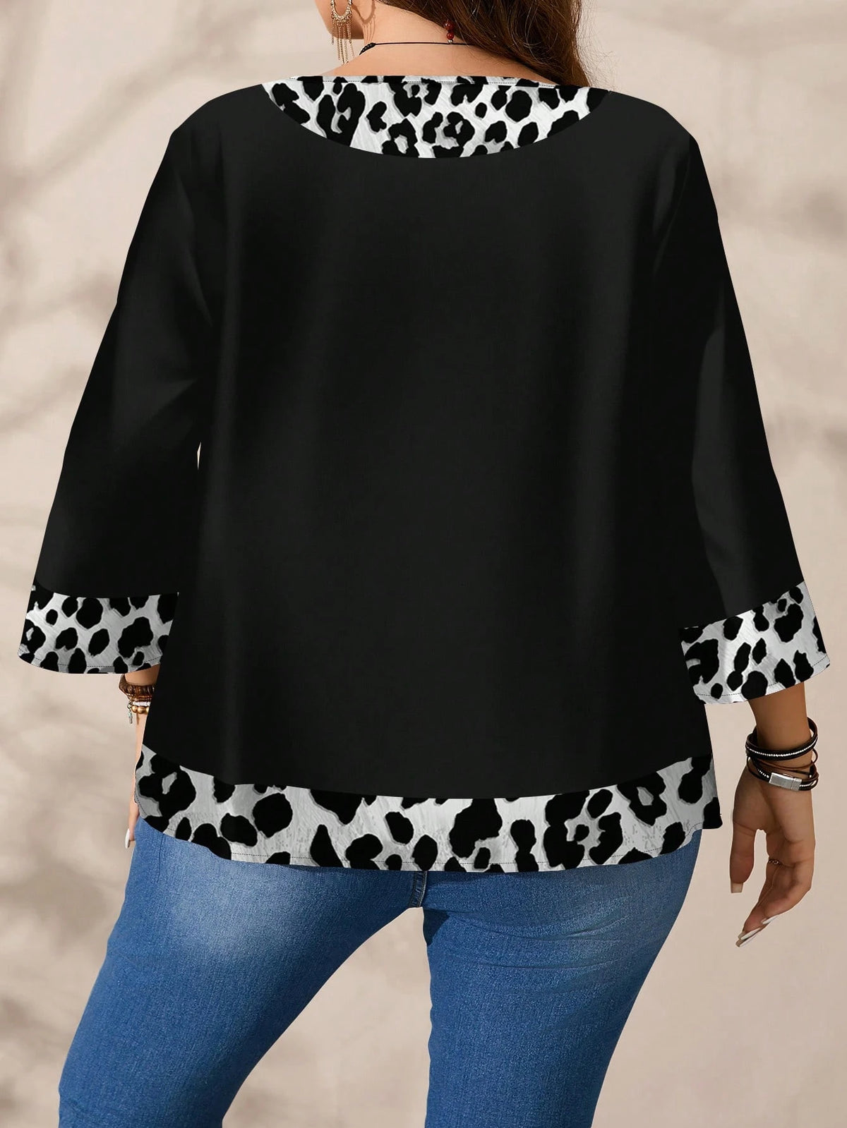 EMERY ROSE Plus Size Women's Casual Allover Print Round Neck Loose 3/4 Sleeve Blouse, Spring/Autumn Chic Blouses For Women Fall