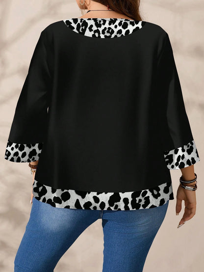 EMERY ROSE Plus Size Women's Casual Allover Print Round Neck Loose 3/4 Sleeve Blouse, Spring/Autumn Chic Blouses For Women Fall