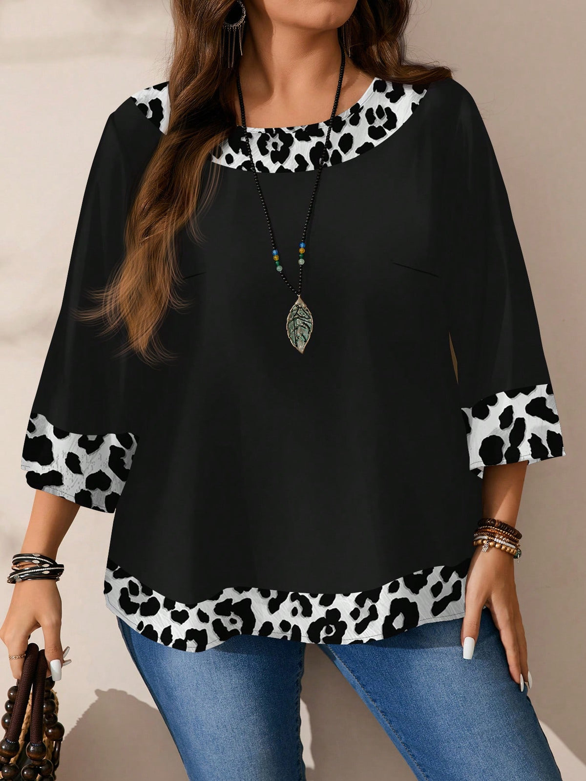 EMERY ROSE Plus Size Women's Casual Allover Print Round Neck Loose 3/4 Sleeve Blouse, Spring/Autumn Chic Blouses For Women Fall