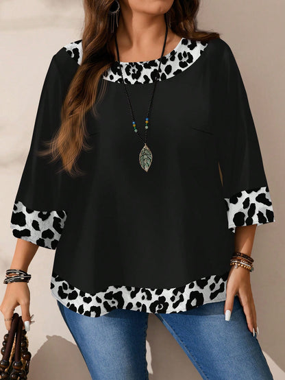EMERY ROSE Plus Size Women's Casual Allover Print Round Neck Loose 3/4 Sleeve Blouse, Spring/Autumn Chic Blouses For Women Fall