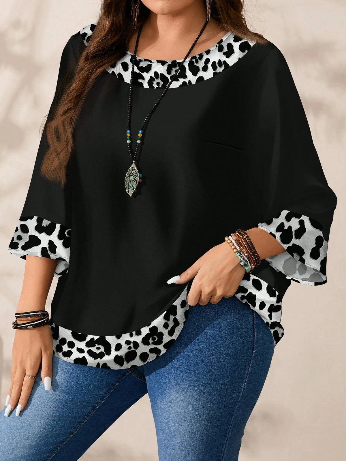 EMERY ROSE Plus Size Women's Casual Allover Print Round Neck Loose 3/4 Sleeve Blouse, Spring/Autumn Chic Blouses For Women Fall