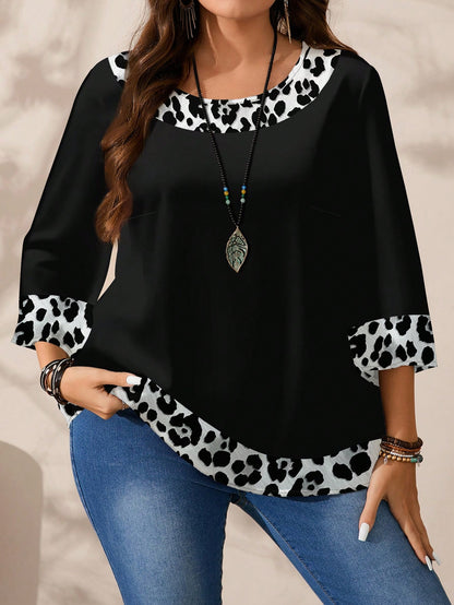 EMERY ROSE Plus Size Women's Casual Allover Print Round Neck Loose 3/4 Sleeve Blouse, Spring/Autumn Chic Blouses For Women Fall