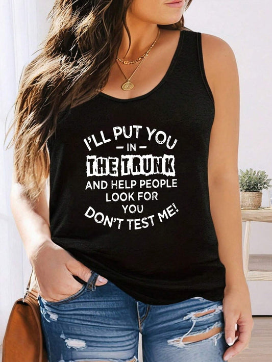 EMERY ROSE Plus Size Women's Slogan Print Tank Top Round Neck Sleeveless I'LL PUT YOU IN THE TRUNK Graphic Tees Black And White,Summer,Casual,Everyday Tops