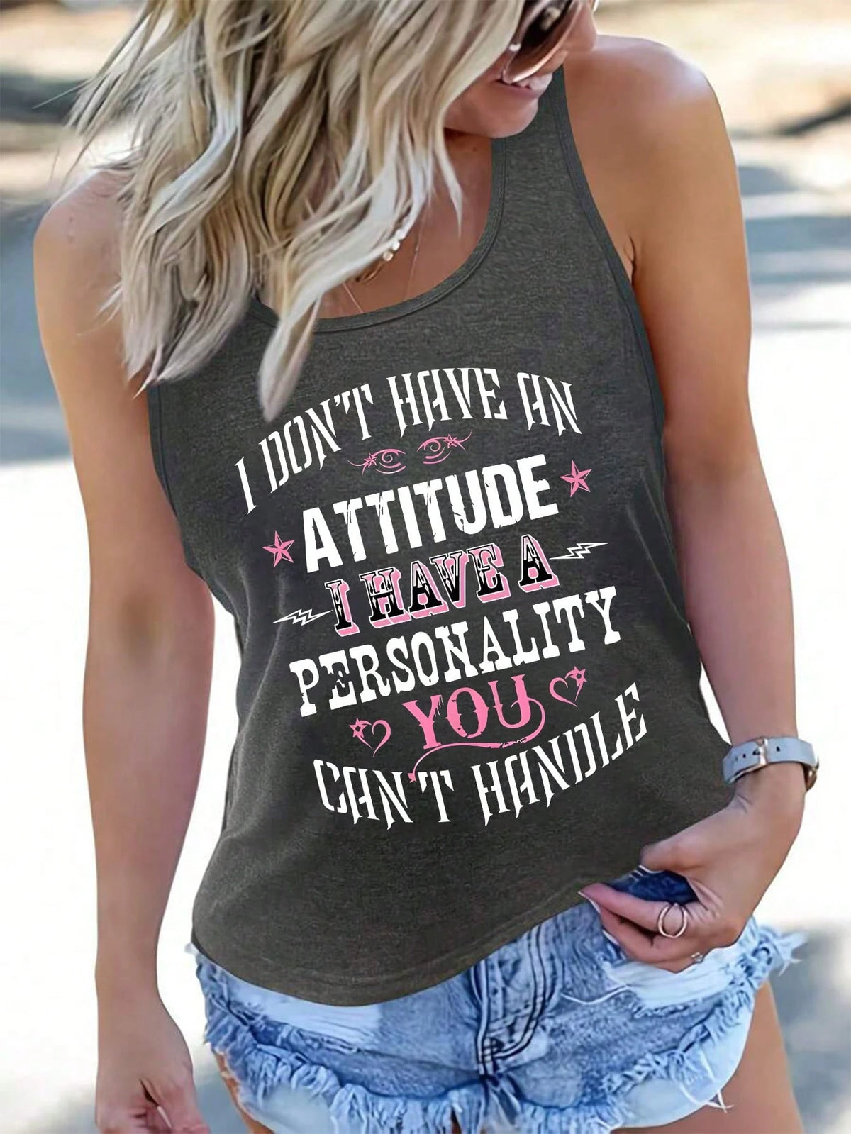 EMERY ROSE Plus Size Women's Slogan Print Tank Top Round Neck Sleeveless I'LL PUT YOU IN THE TRUNK Graphic Tees Black And White,Summer,Casual,Everyday Tops
