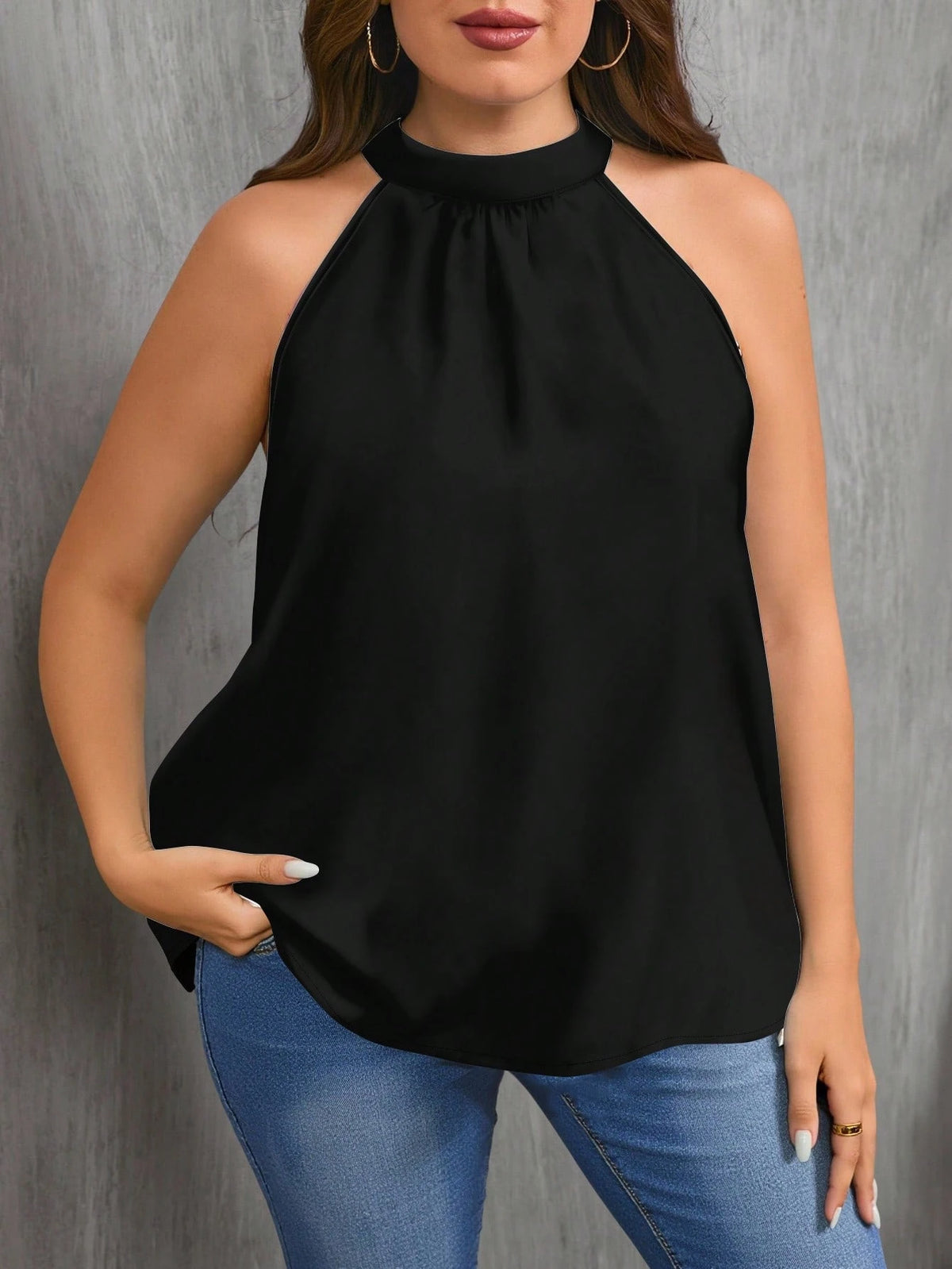 EMERY ROSE Plus Size Women's Vacation Style Solid Black Casual Off-Shoulder Camisole Blouse