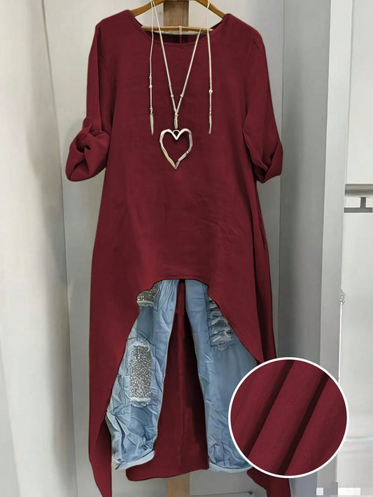 EMERY ROSE Plus Size Women Summer Shirt,Burgundy,Autumn,Boho,Hiking Casual Minimalist Resort Wear Round Neck Adjustable Long Sleeve Long Beachwear Shirt Fall