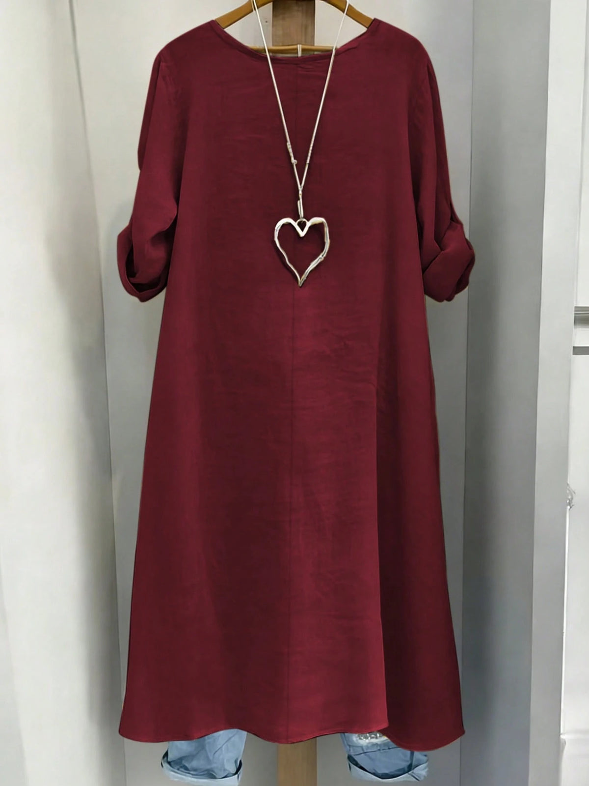 EMERY ROSE Plus Size Women Summer Shirt,Burgundy,Autumn,Boho,Hiking Casual Minimalist Resort Wear Round Neck Adjustable Long Sleeve Long Beachwear Shirt Fall