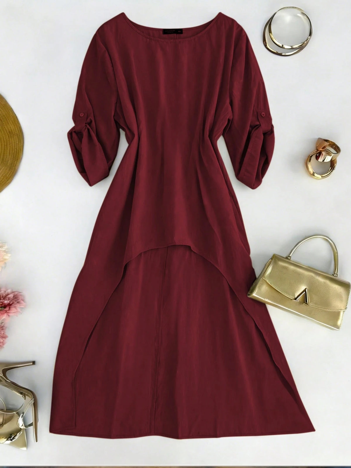 EMERY ROSE Plus Size Women Summer Shirt,Burgundy,Autumn,Boho,Hiking Casual Minimalist Resort Wear Round Neck Adjustable Long Sleeve Long Beachwear Shirt Fall