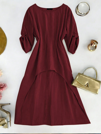 EMERY ROSE Plus Size Women Summer Shirt,Burgundy,Autumn,Boho,Hiking Casual Minimalist Resort Wear Round Neck Adjustable Long Sleeve Long Beachwear Shirt Fall