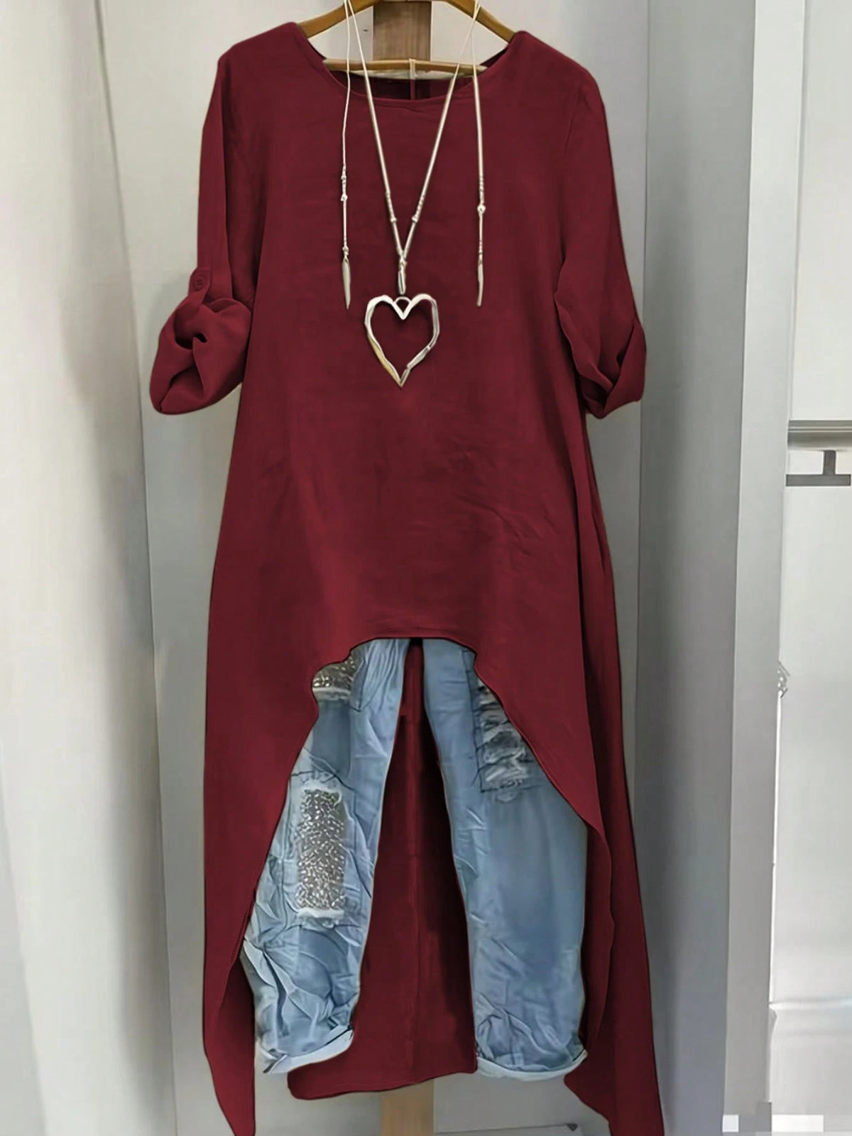 EMERY ROSE Plus Size Women Summer Shirt,Burgundy,Autumn,Boho,Hiking Casual Minimalist Resort Wear Round Neck Adjustable Long Sleeve Long Beachwear Shirt Fall