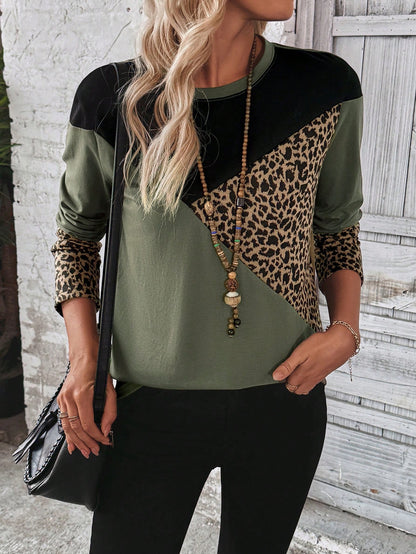 EMERY ROSE Women Casual Colorblock Leopard Print T-Shirt, Autumn