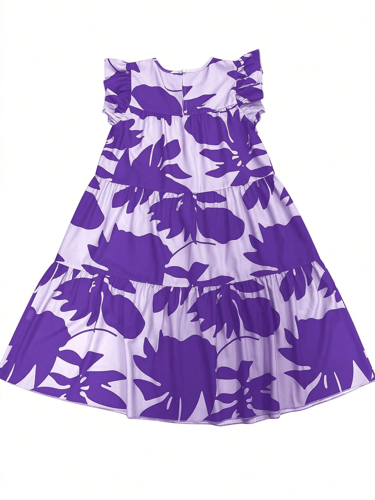 EMERY ROSE Women's Casual Plant Print Round Neck Ruffle Sleeve Dress, Suitable For Vacation
