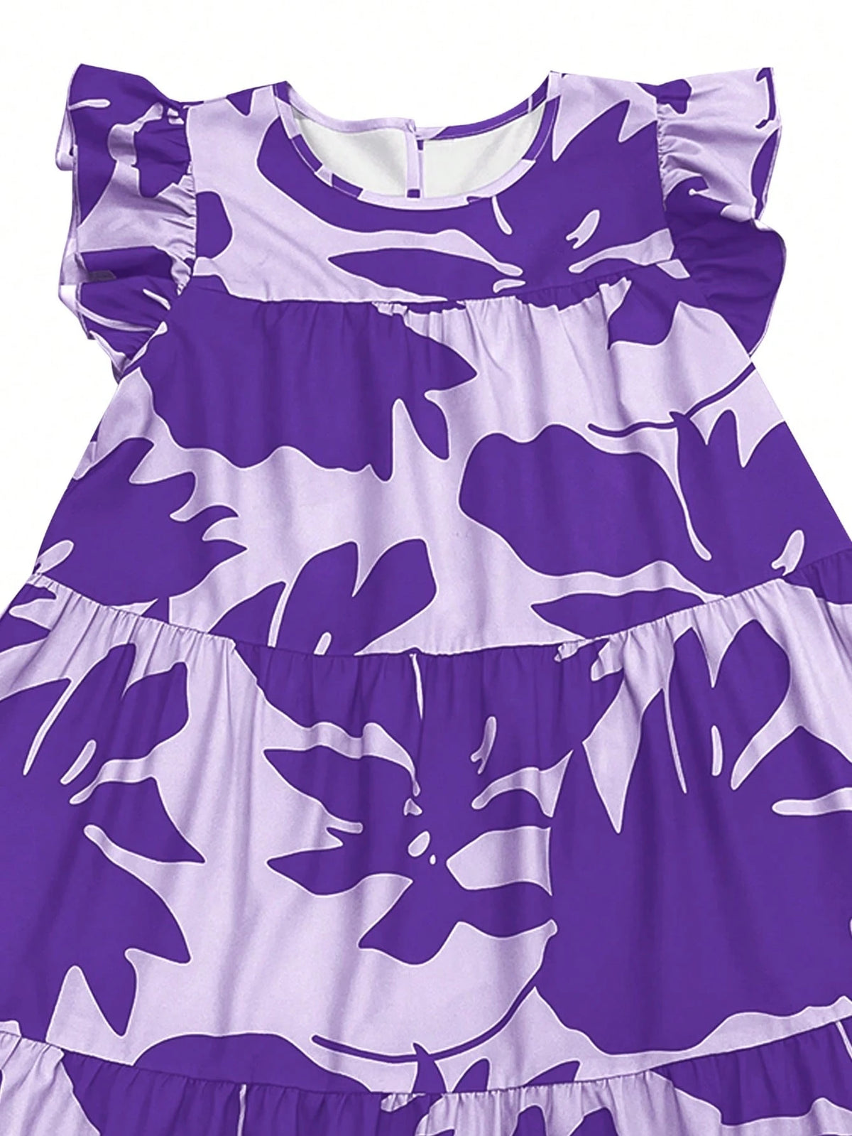 EMERY ROSE Women's Casual Plant Print Round Neck Ruffle Sleeve Dress, Suitable For Vacation