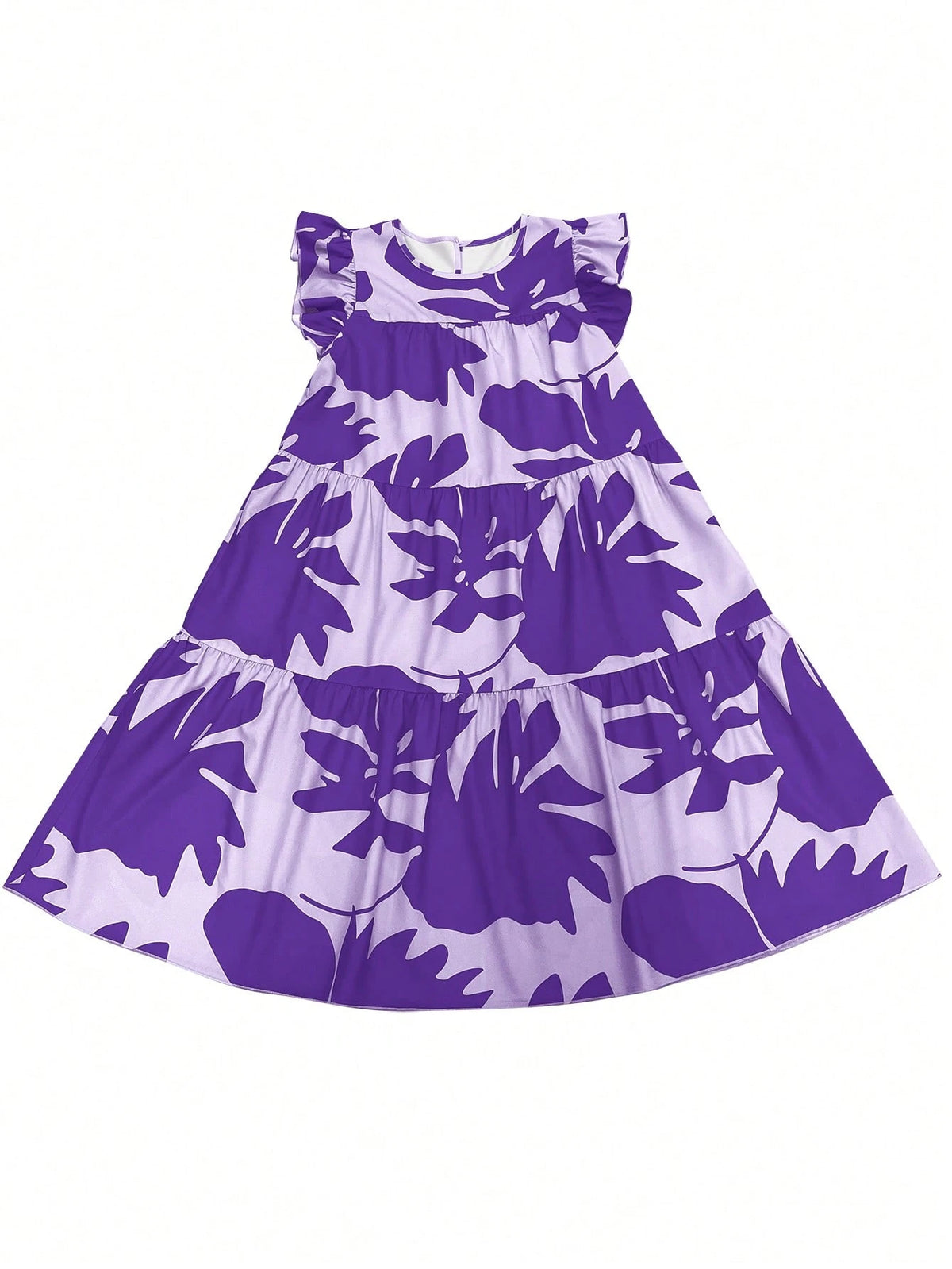 EMERY ROSE Women's Casual Plant Print Round Neck Ruffle Sleeve Dress, Suitable For Vacation